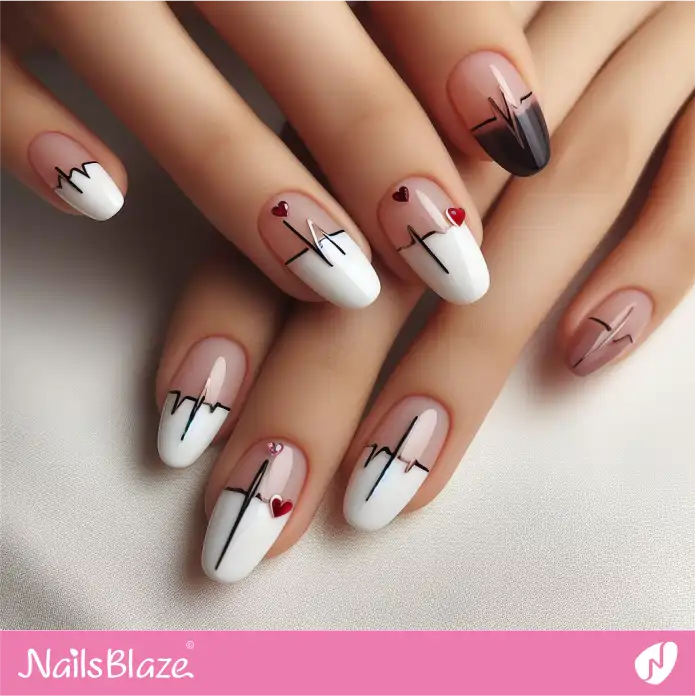 French Almond Nails with Heart Beats | Valentine Nails - NB2384